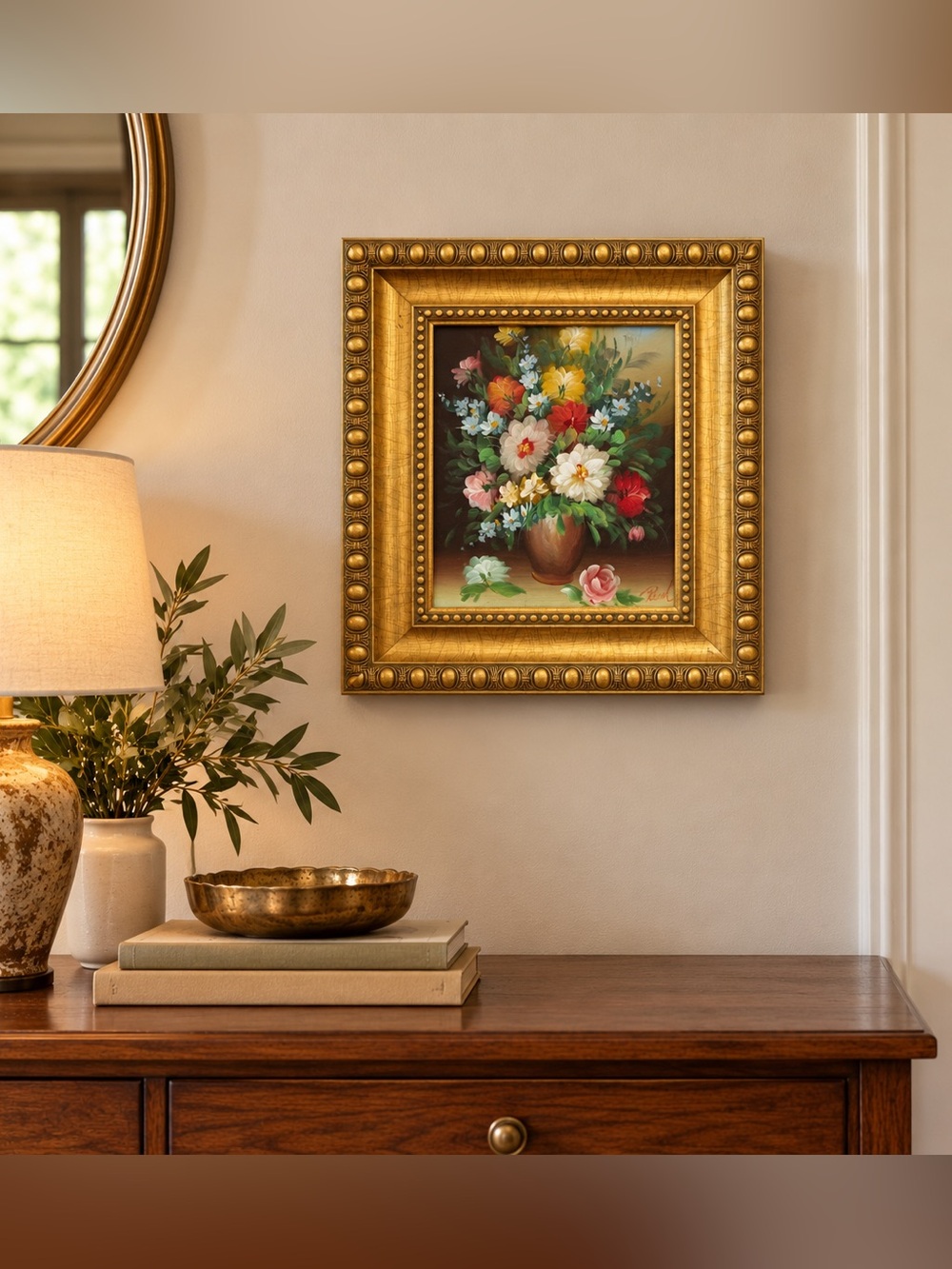 Framed Gold Floral Oil Painting Wall Art - Gold Frame